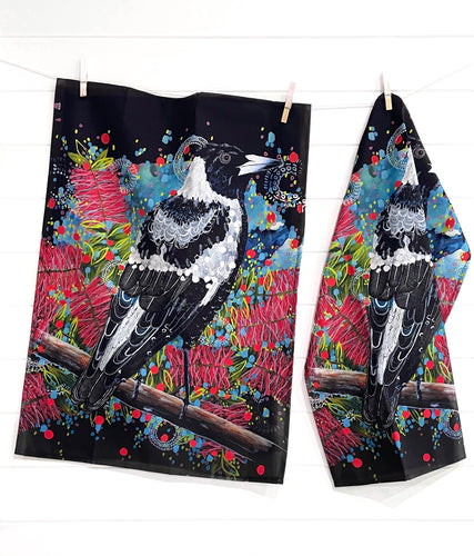 ‘Magpie Party’ Tea Towel